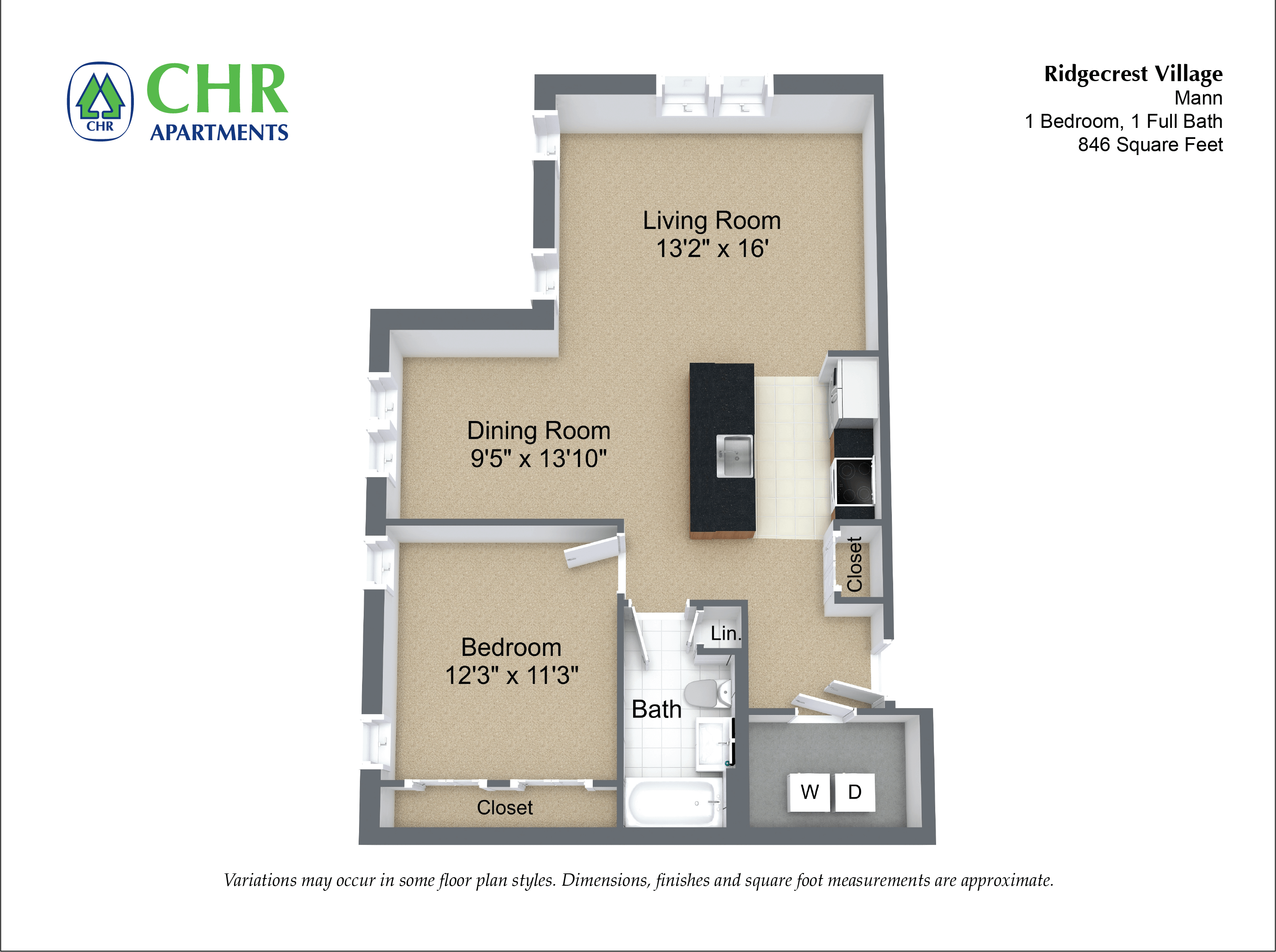 Floor plan for 1 bed, 1 bath, 922 sqft